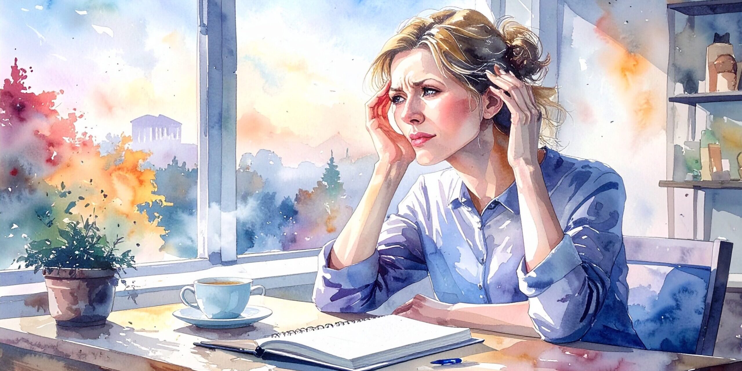 Firefly_An adult woman sits at a desk with a notebook and a cup of tea. She rubs her temples 769725 Konzentration und Fokussierung
