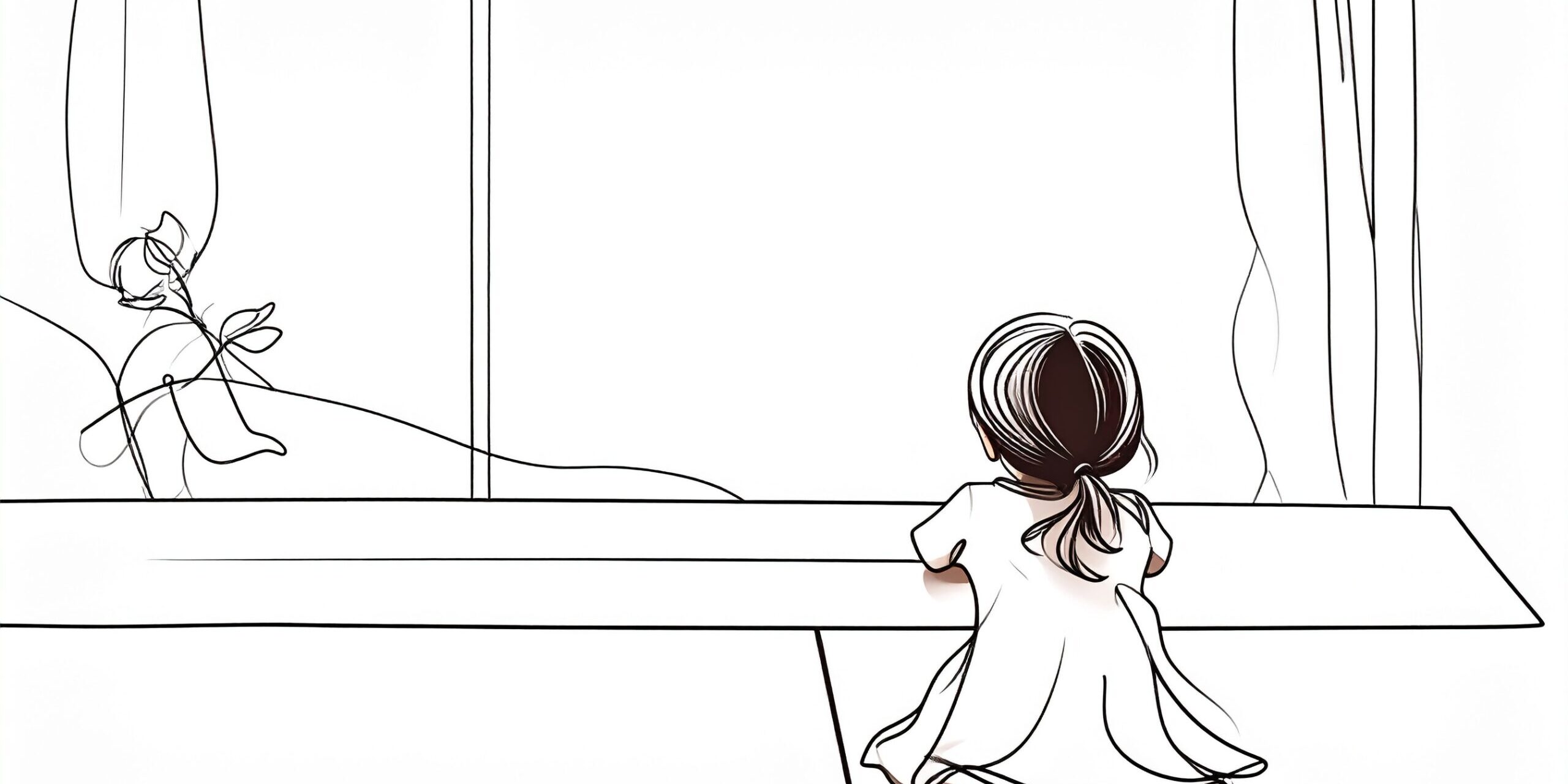 Ein Kind sitzt ruhig an einem Tisch oder Fensterplatz, der Blick geht nach draußen. Es ist allein, aber nicht verlassen. Im Hintergrund eine ruhige, freundliche Lernumgebung, im Vordergrund vielleicht eine Bezugsperson leicht angedeutet (unscharf, nicht im Fokus).
